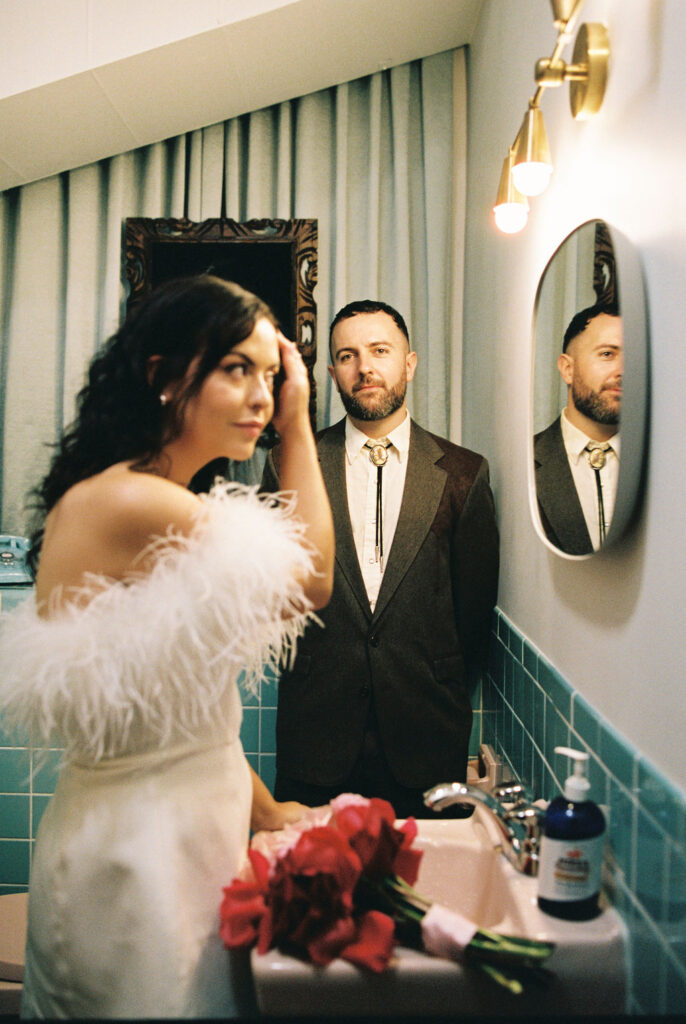 Candid moment from a sure thing chapel elopement filled with laughter and emotion.
