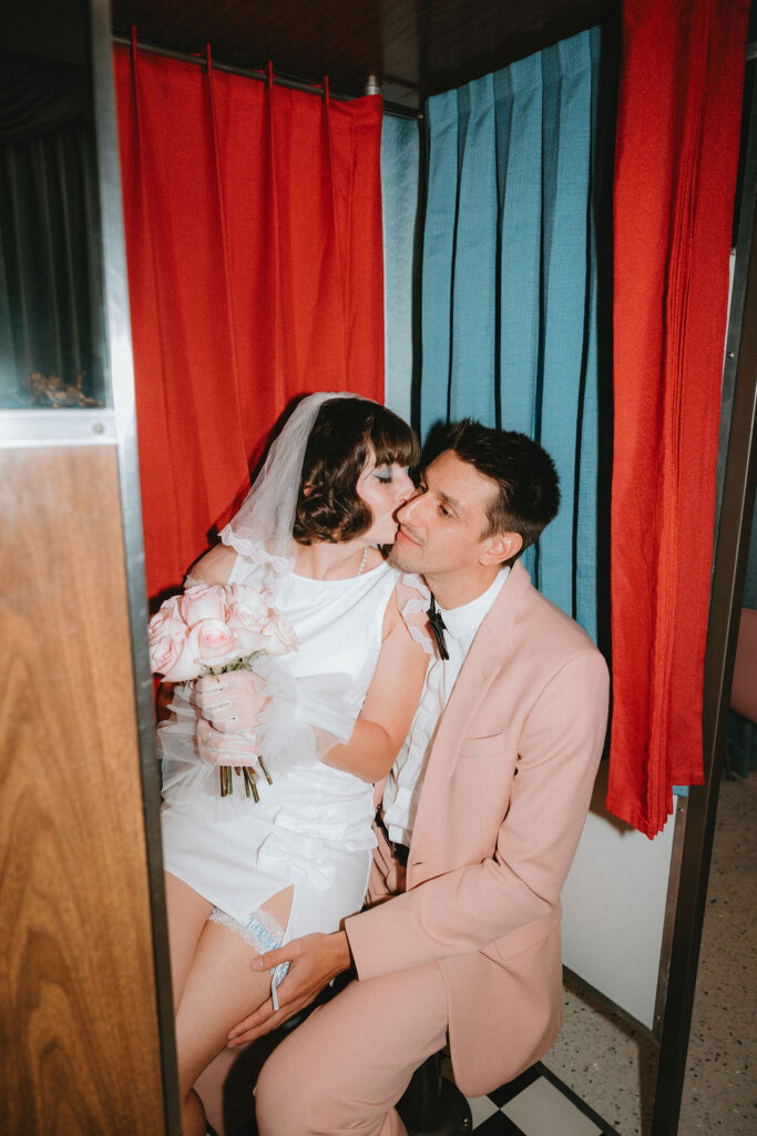 Couple sharing an intimate moment during their Sure Thing Too elopement in Las Vegas.
