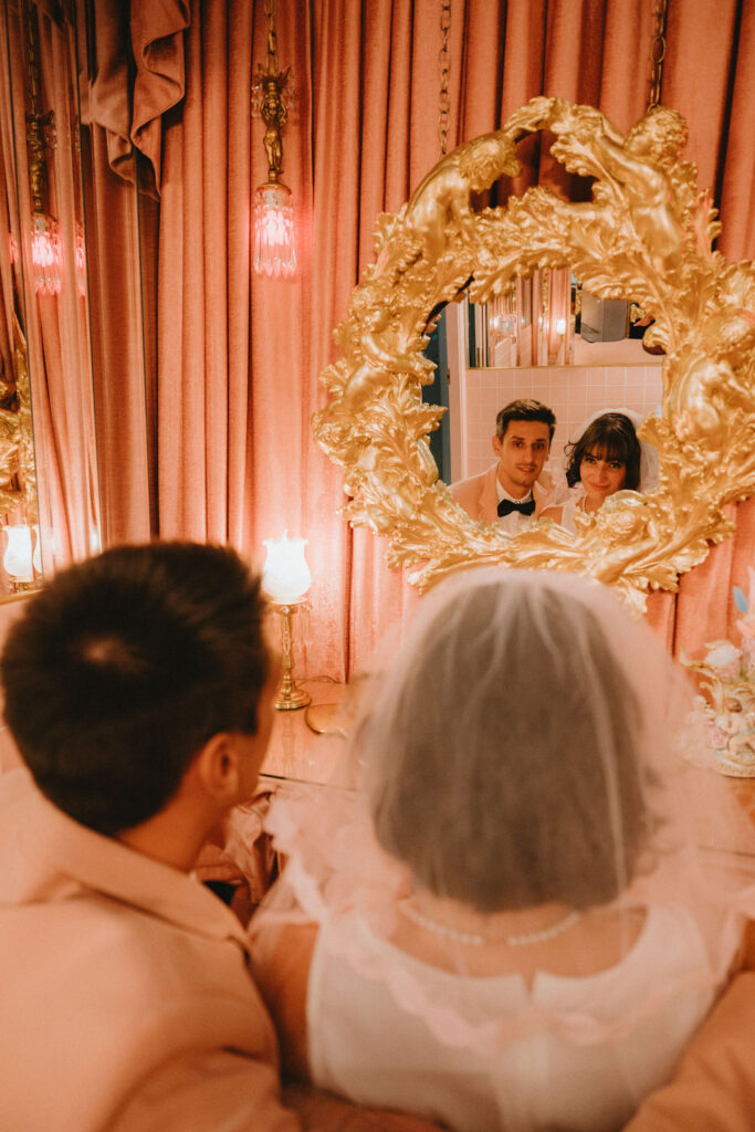 Couple sharing an intimate moment during their Sure Thing Too elopement in Las Vegas.
