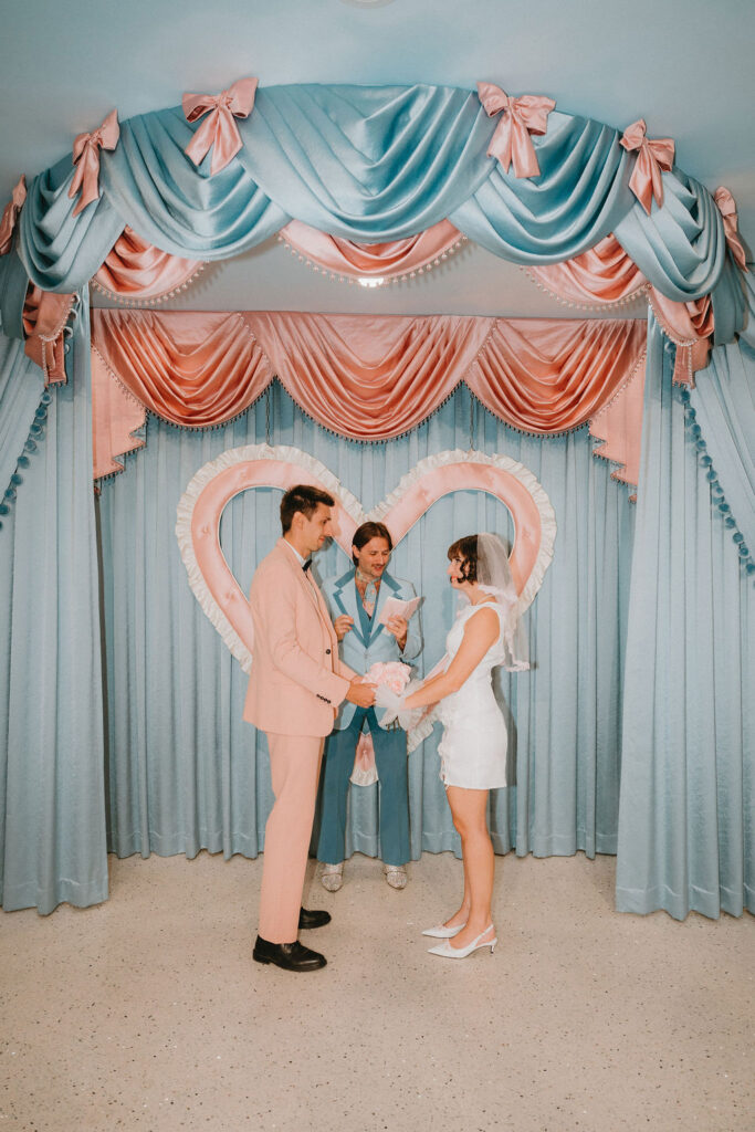 Couple sharing an intimate moment during their Sure Thing Too elopement in Las Vegas.
