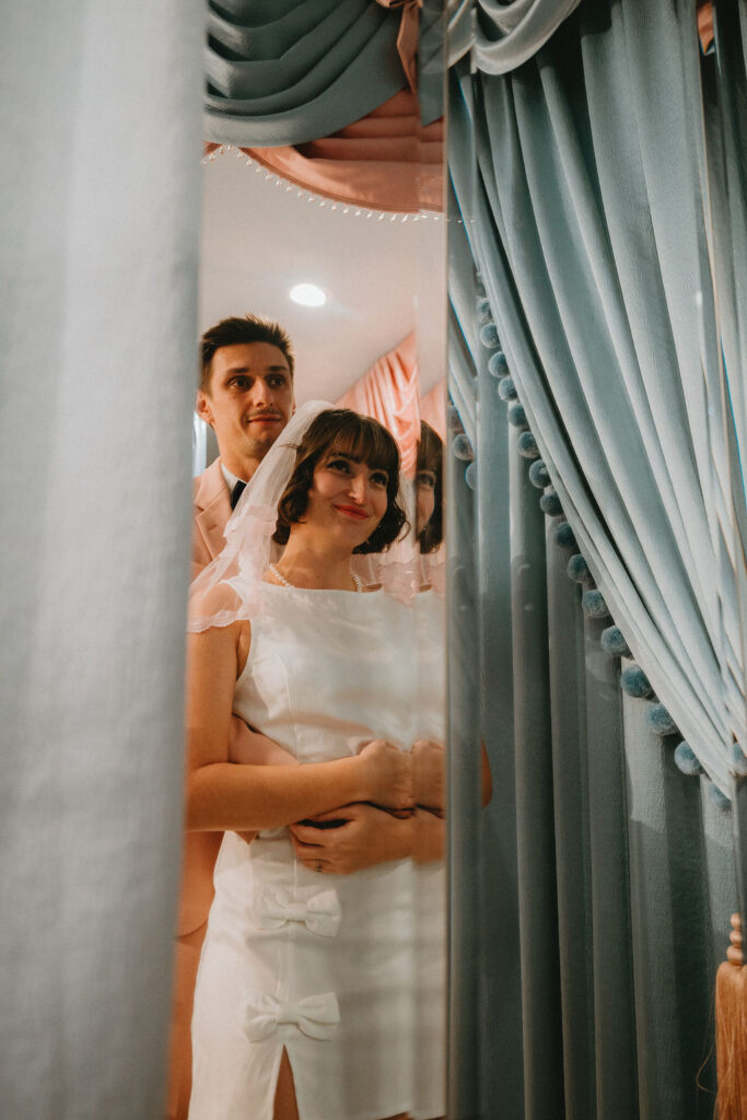 Couple sharing an intimate moment during their Sure Thing Too elopement in Las Vegas.
