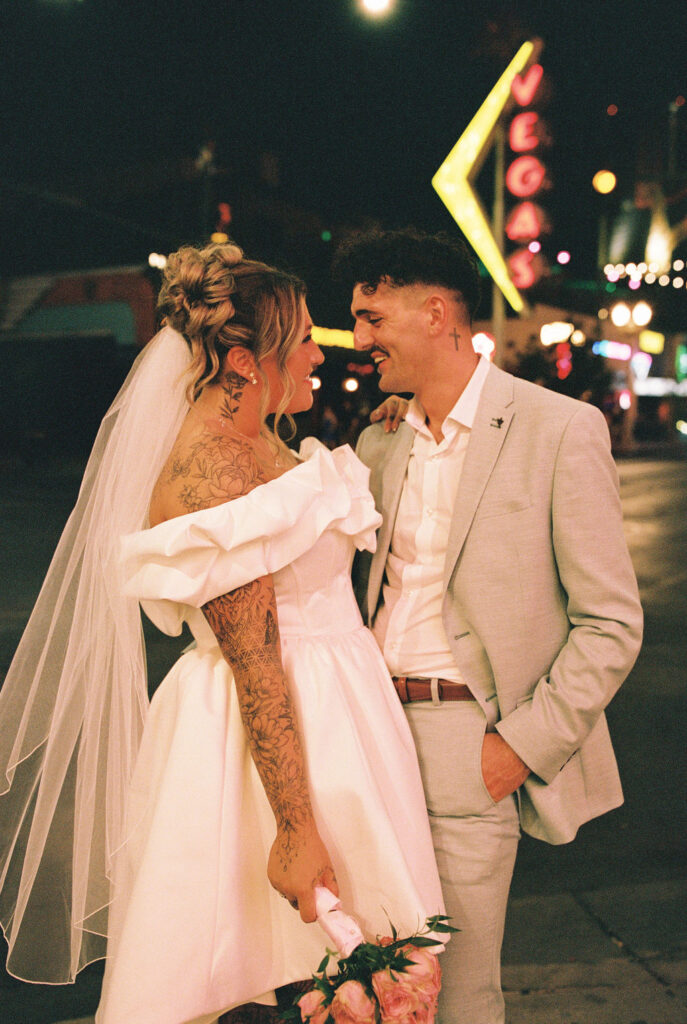 Film inspired wedding photo capturing the couple during their Las Vegas adventure.