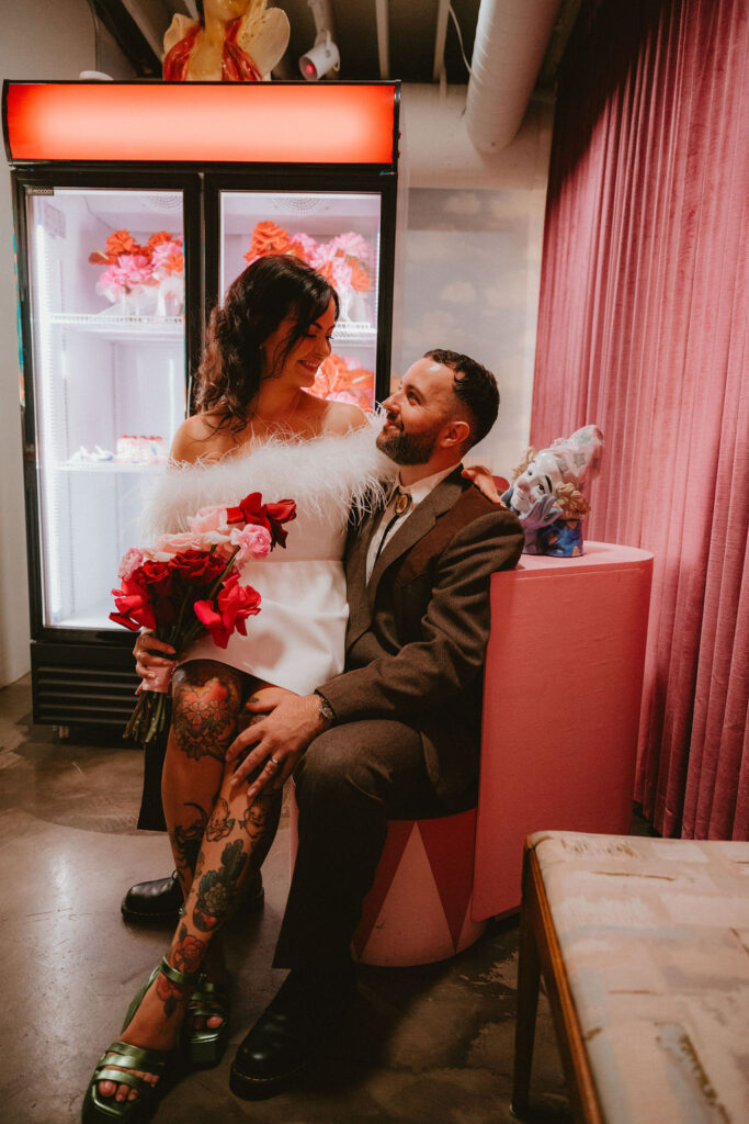 Candid moment from a sure thing chapel elopement filled with laughter and emotion.
