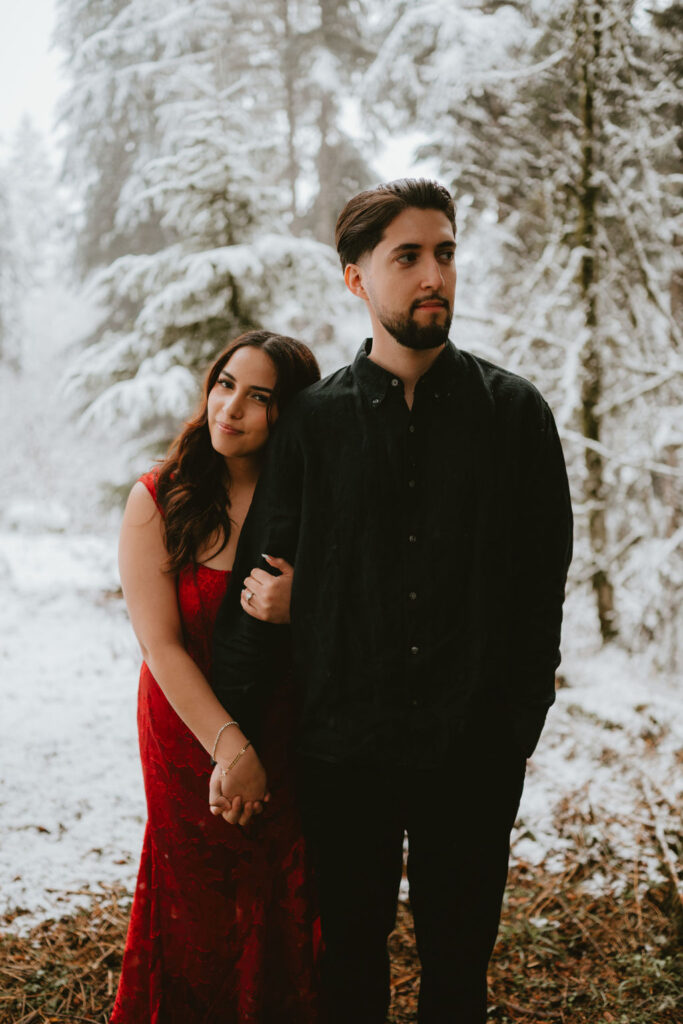 Engagement photos captured among fog and dramatic scenery