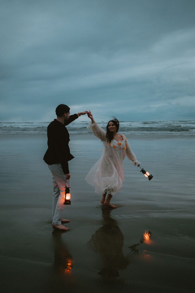 Romantic couples photos with overcast skies and ocean views.