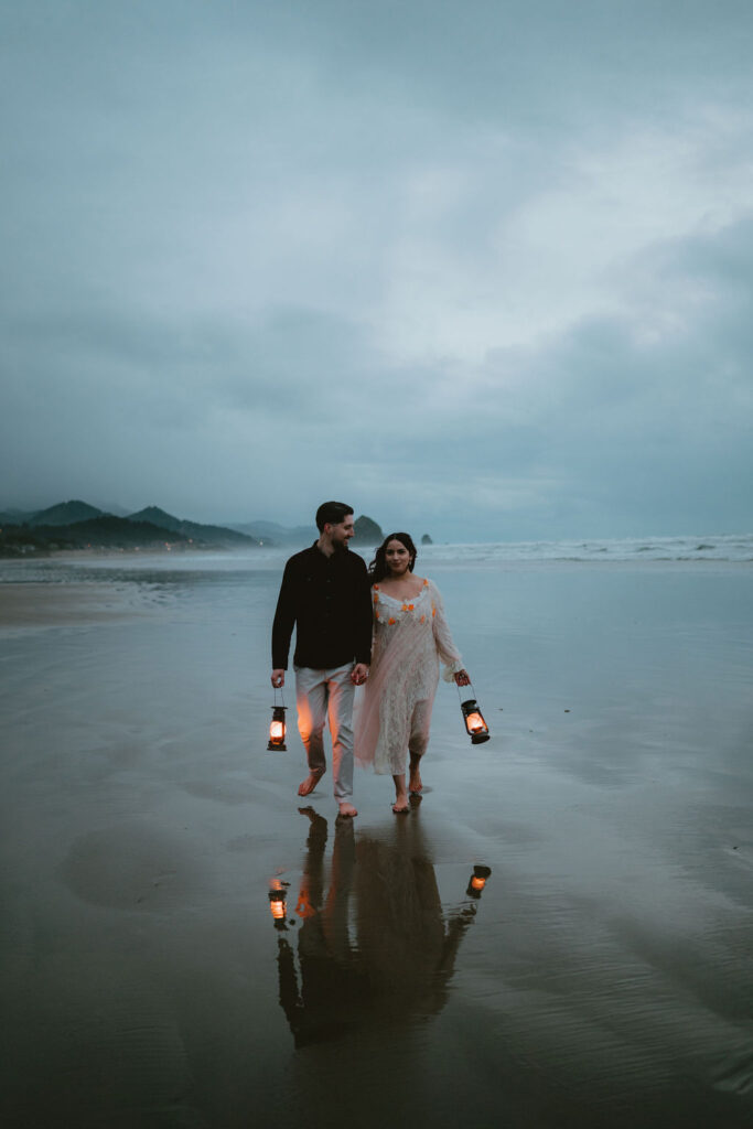Romantic couples photos with overcast skies and ocean views.