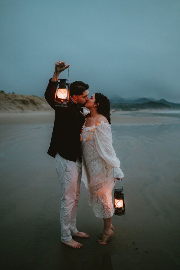 Romantic couples photos with overcast skies and ocean views.