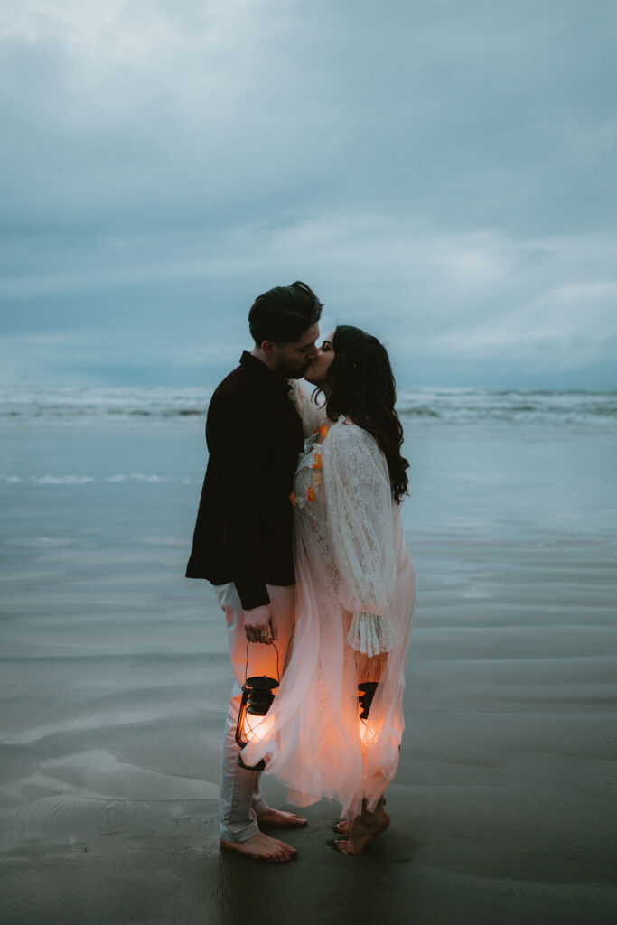 Romantic couples photos with overcast skies and ocean views.
