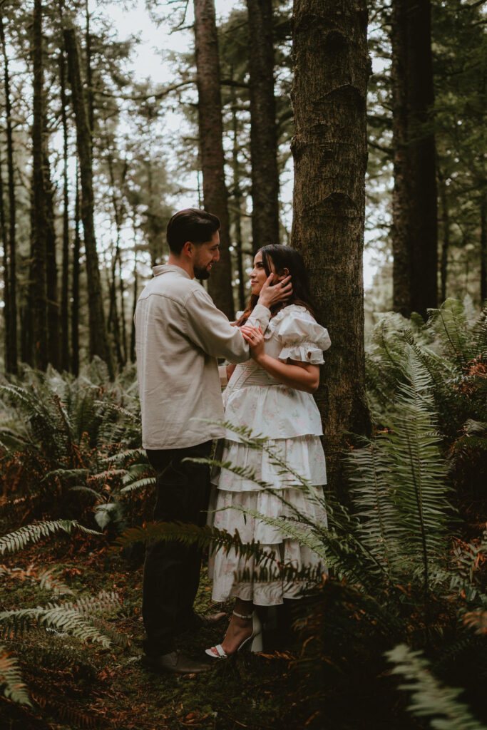Engagement photos captured among fog and dramatic scenery