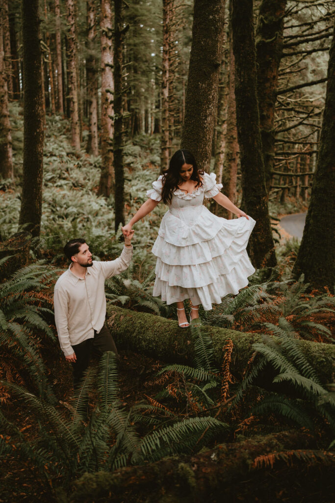 Engagement photos captured among fog and dramatic scenery