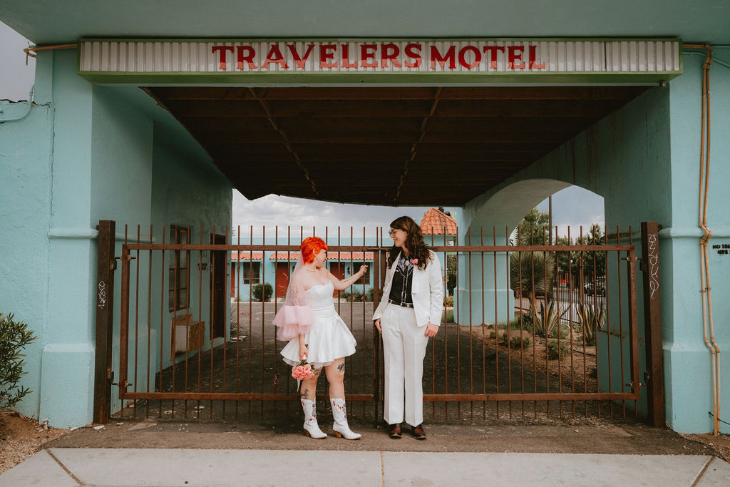 Candid photo of the couple holding hands after their ceremony at Little Church of the West.

