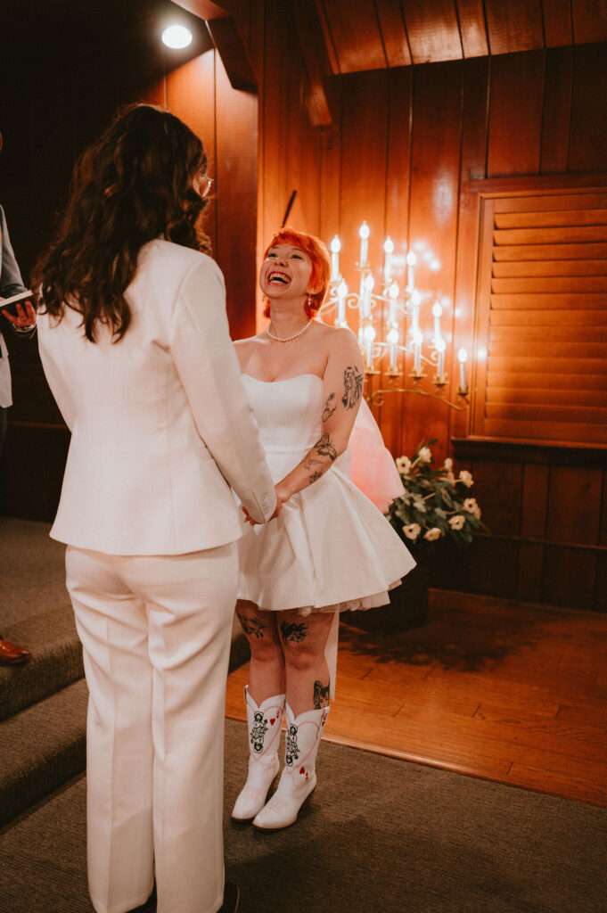 Couple sharing a moment outside Little Church of the West during their Las Vegas wedding day.
