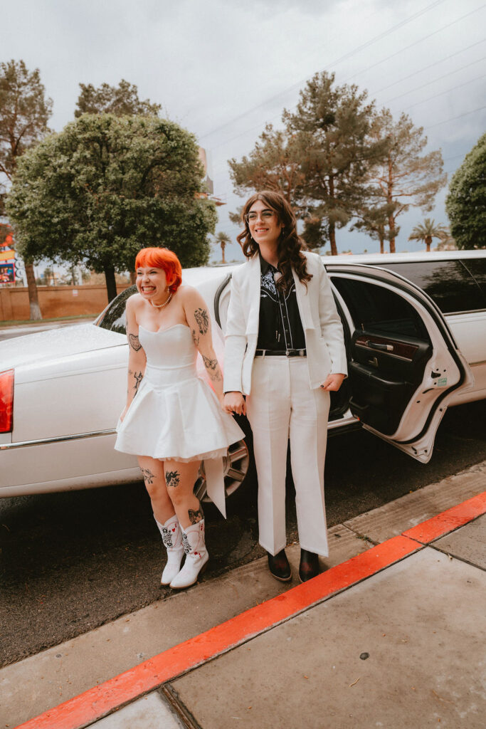 Couple sharing a moment outside Little Church of the West during their Las Vegas wedding day.
