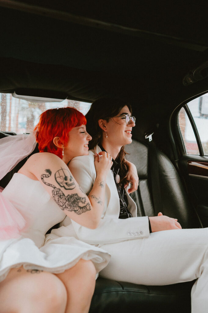 Couple sharing a moment outside Little Church of the West during their Las Vegas wedding day.
