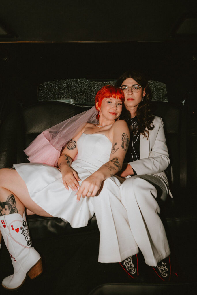 Couple sharing a moment outside Little Church of the West during their Las Vegas wedding day.
