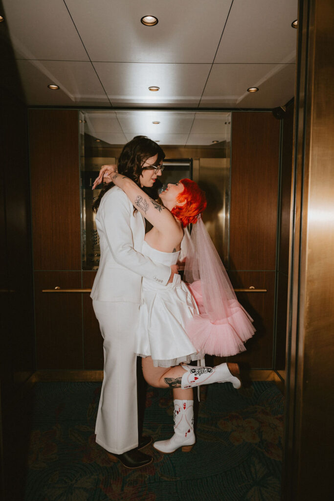 Zoe and Parker getting ready at Park MGM before their Little Church of the West wedding.