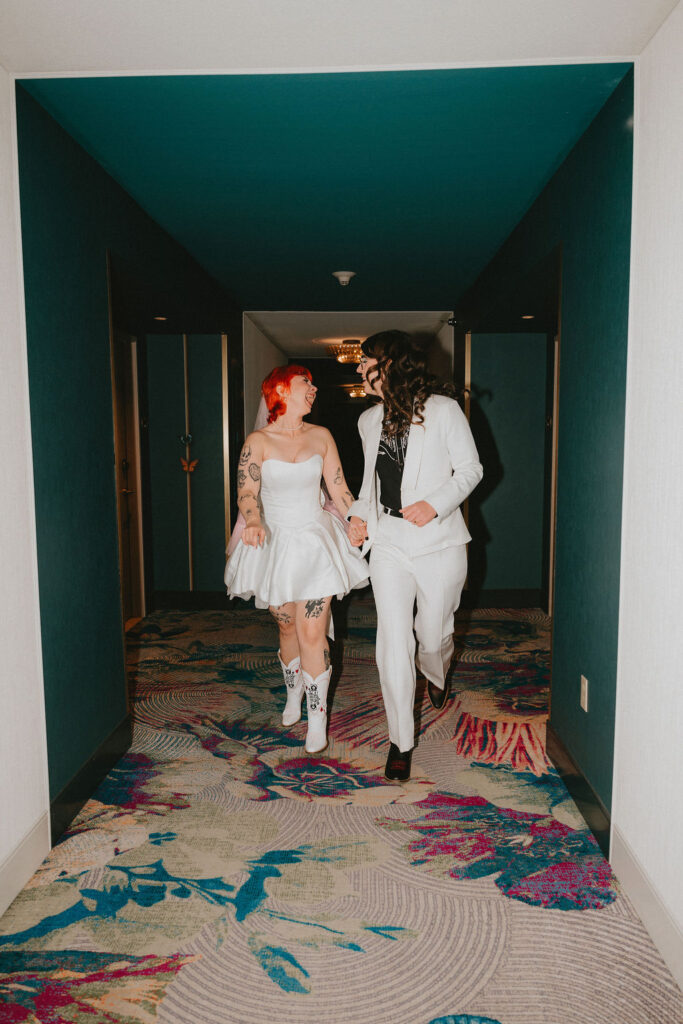Zoe and Parker getting ready at Park MGM before their Little Church of the West wedding.