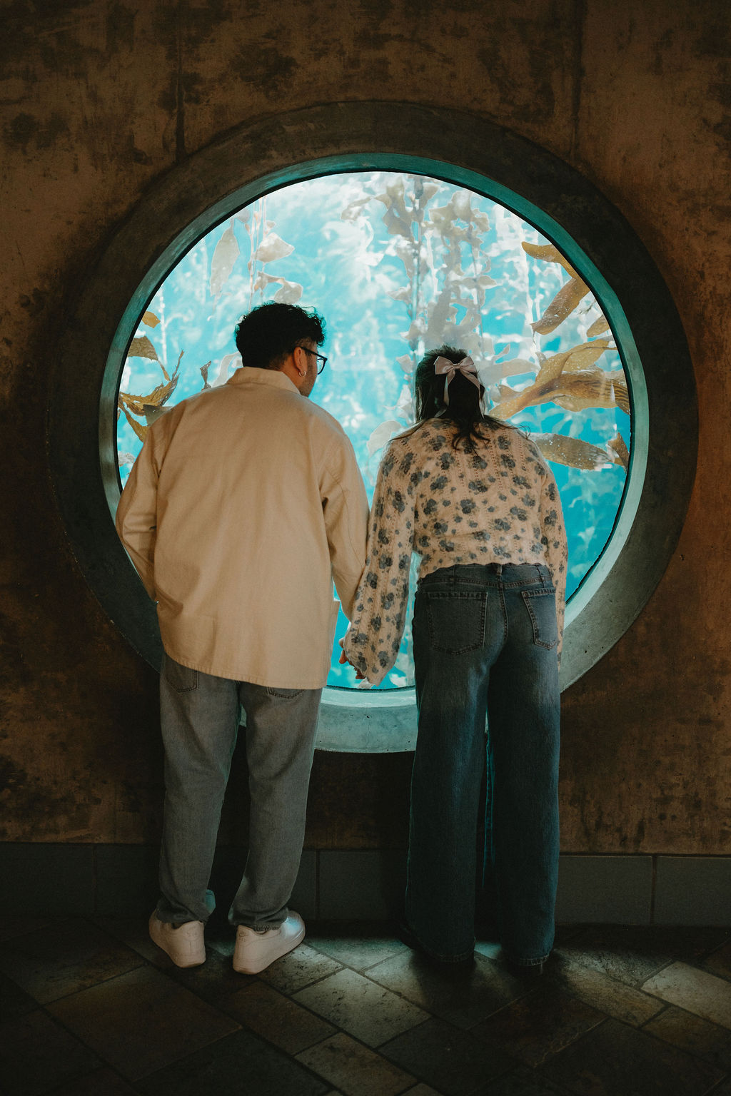 Man and woman peer into fish tank at Monterey Bay Aquarium