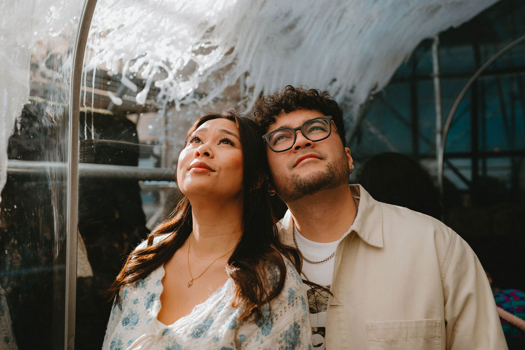 Man and woman at the Monterey Bay Aquarium for cinematic engagement photos