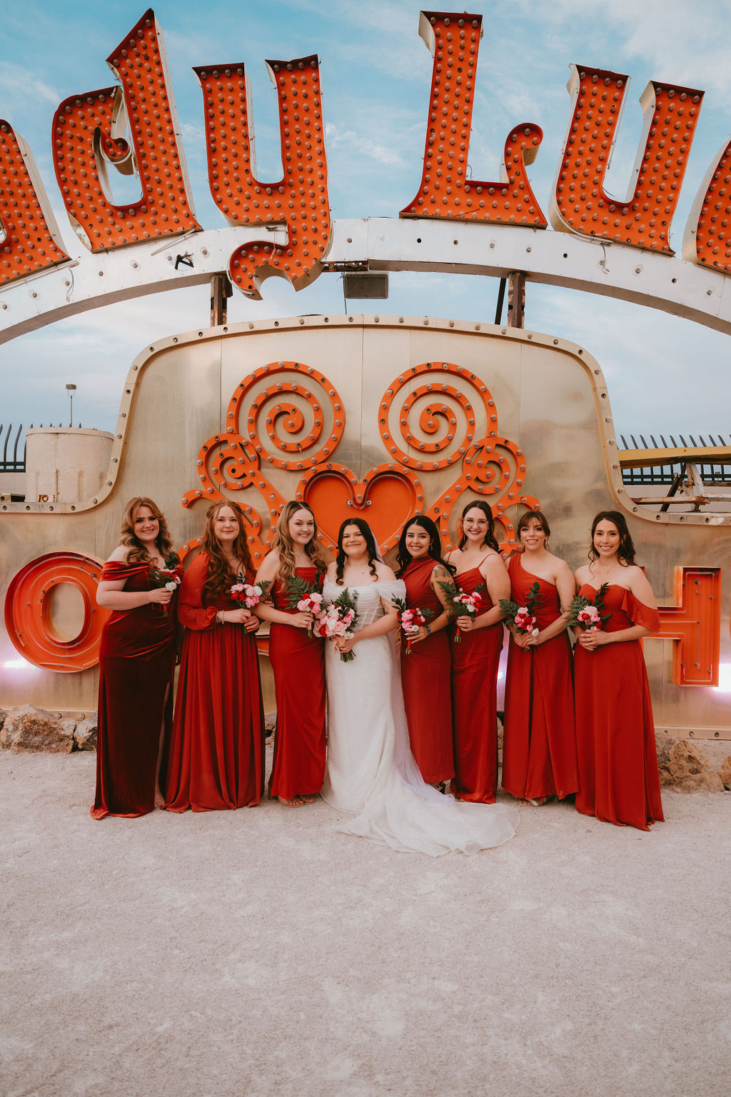 Bridesmaids at the Neon Museum wedding