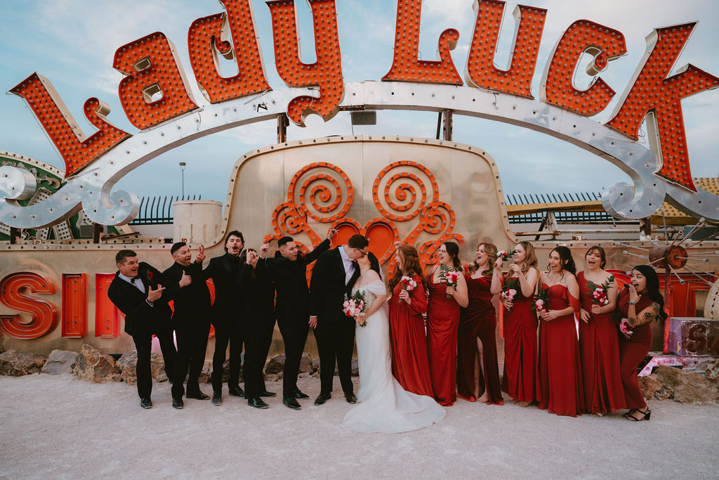 Wedding party with bride and groom at the Neon Museum wedding in Las Vegas