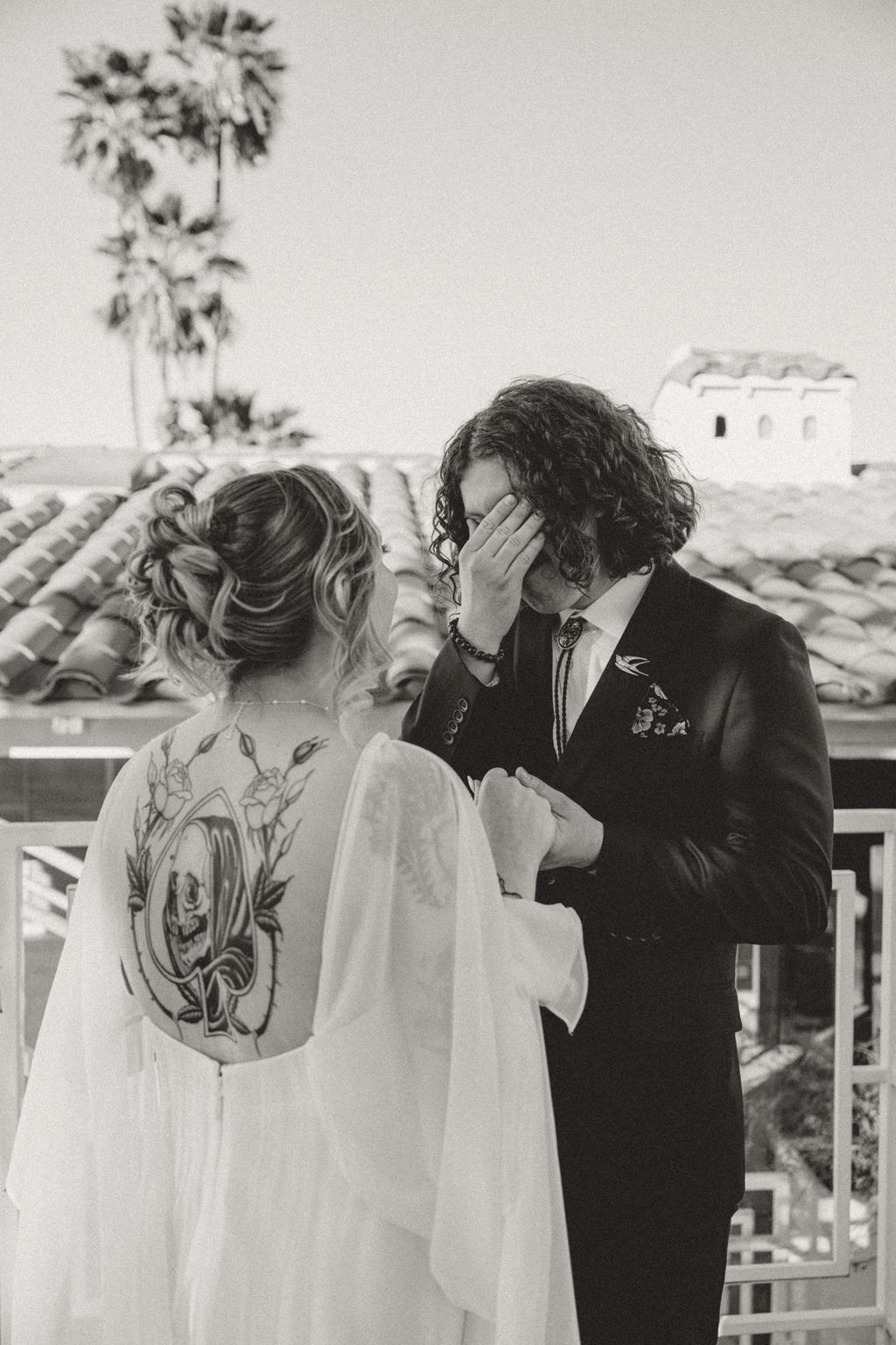 Black and white wedding first look photo