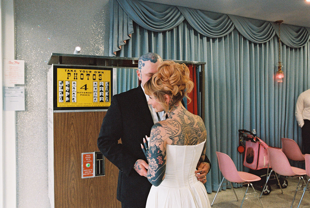 Alt couple elopement photo where couple is embracing